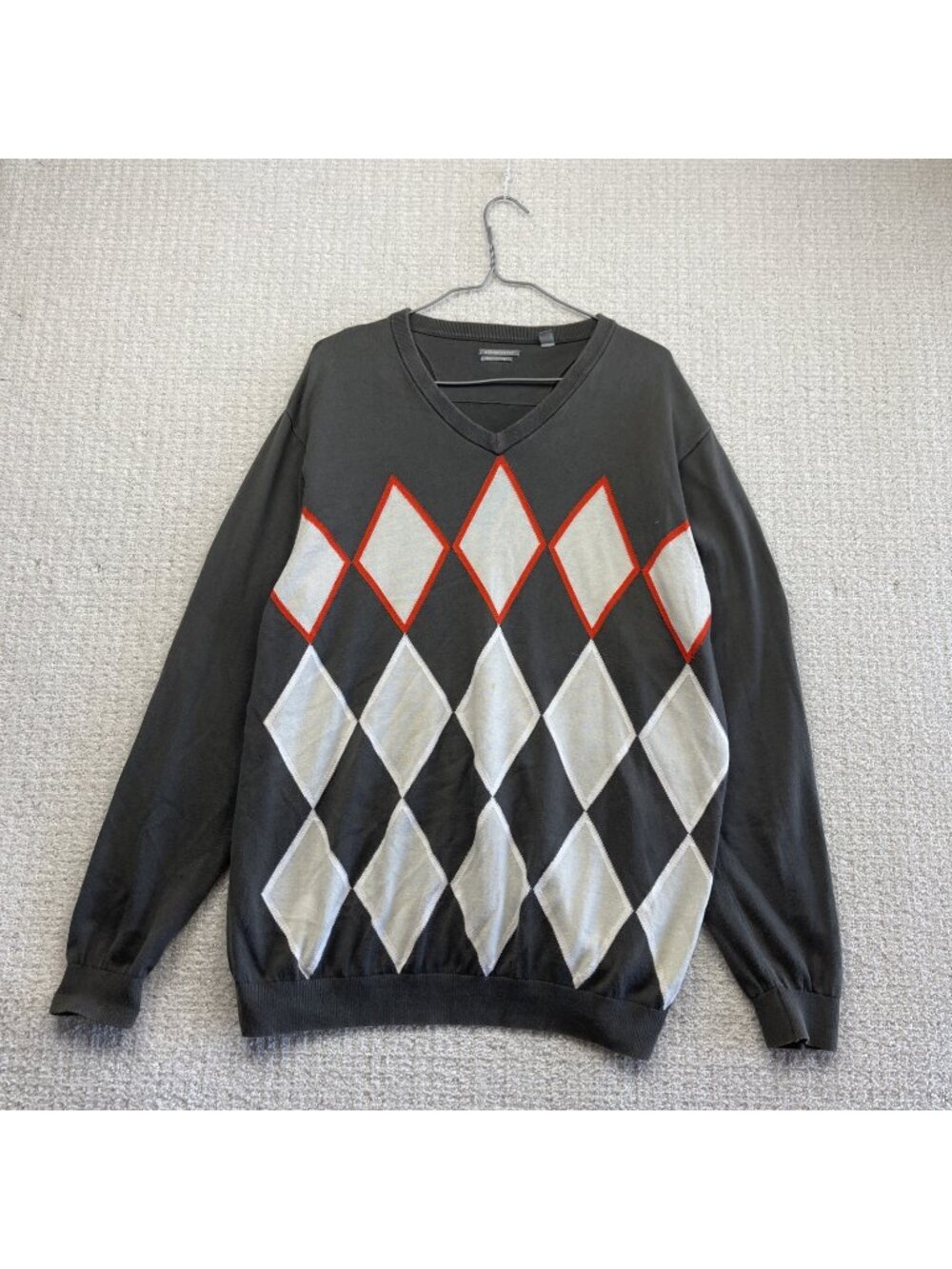 Ashworth Pima Cotton Pullover Sweater Mens XL Gray Argyle Preppy Old Money Read